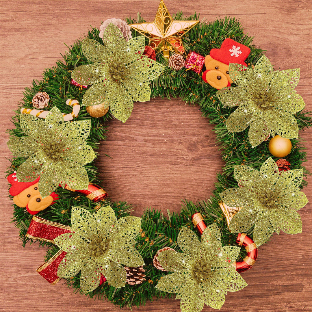 16 PCS 5.5'' Gold Poinsettia Christmas Decorations,Glitter Poinsettias Artificial Christmas Flowers with Clips,Christmas Ornaments Christmas Tree Decorations DIY Xmas Wreath Holiday Home Party Decor