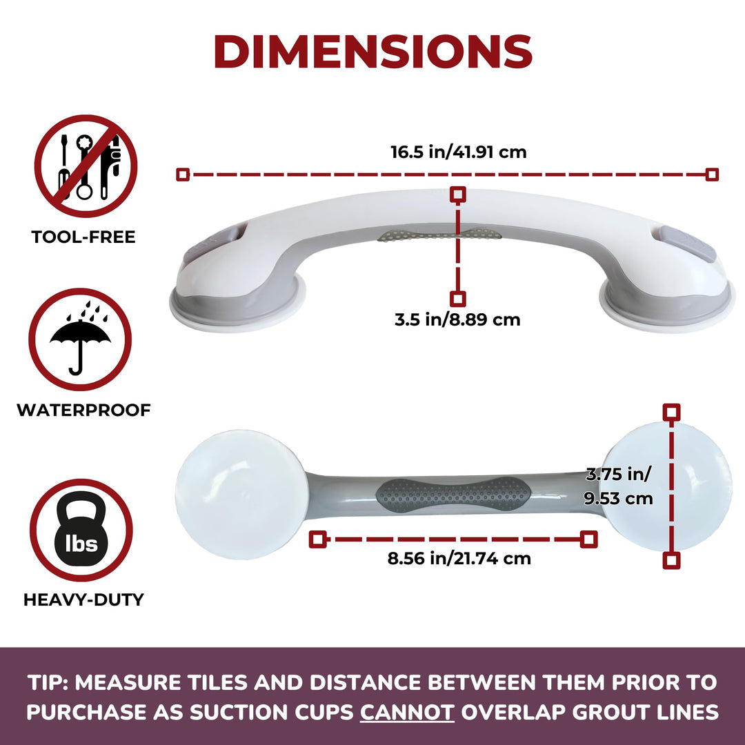Safe-er-Grip Changing Lifestyles Suction Cup Grab Bars For Bathtubs & Showers; Safety Bathroom Assist Handle, White & Grey, 16 Inches