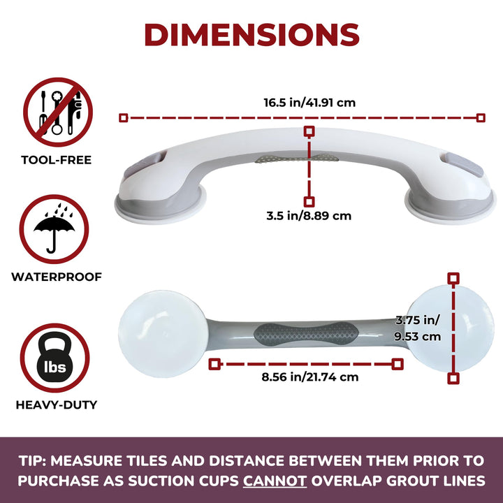 Safe-er-Grip Changing Lifestyles Suction Cup Grab Bars For Bathtubs & Showers; Safety Bathroom Assist Handle, White & Grey, 16 Inches