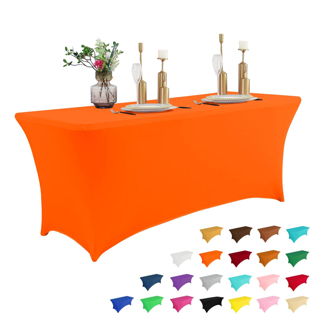 IVAPUPU 2 Pack 4FT Table Cloth for Rectangular Fitted Events Stretch Orange Table Covers Washable Cover Spandex Tablecloth Protector for Party, Wedding, Cocktail, Banquet, Festival