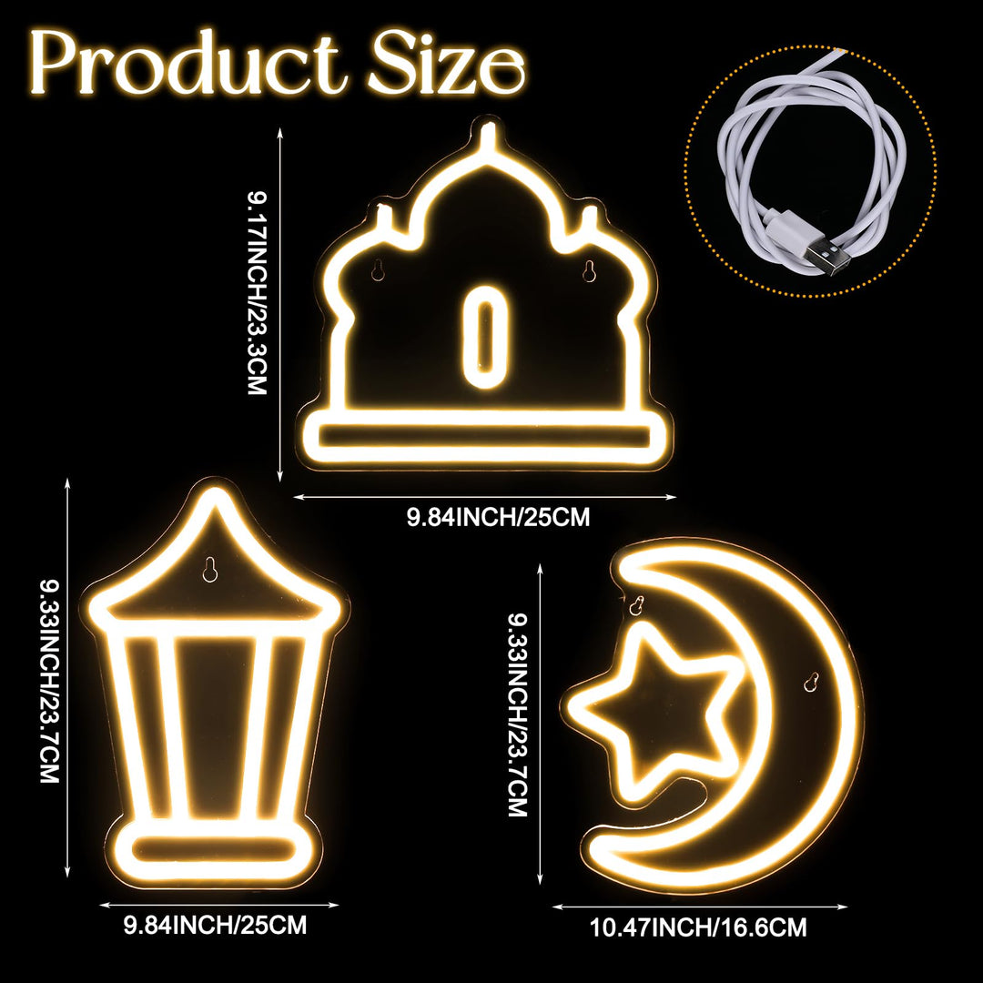 ROCEEI 3 Pcs Ramadan Eid Mubarak Neon Sign, Moon Star Castle Neon Lights Gift Box Neon LED Lights USB Wall Bar Living Room Decor for Ramadan Eid Mubarak Party Holiday Night Bedroom Gifts