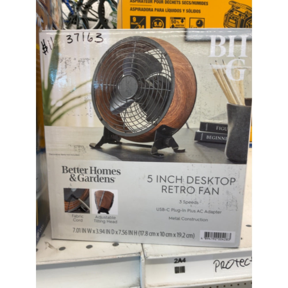 Better Homes & Gardens New Retro 5 in Drum Fan with Wood Grain Color & Adjustable Tilt and USB-C Plug