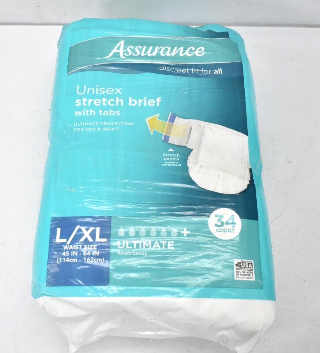 Assurance Large/XLarge Unisex Stretch Briefs with Tabs 34 Ct Retail $17.97