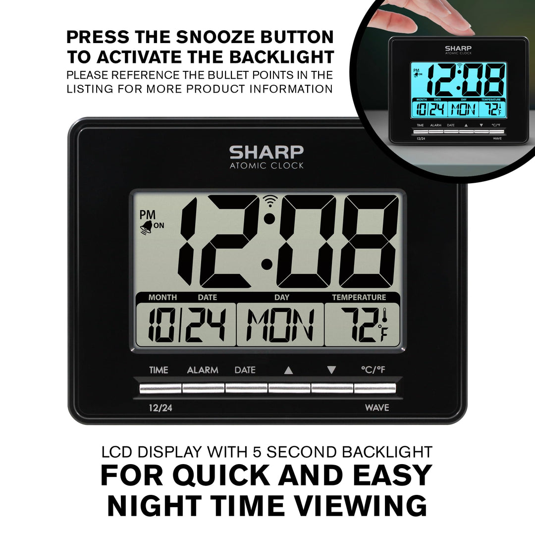 Sharp Atomic Desktop Clock â€“ Auto Set Digital Alarm Clock - Atomic Accuracy - Easy to Read Screen with Time/Date/Temperature Display- Perfect for Nightstand or Desk