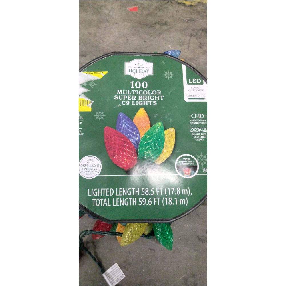 Holiday Time 100 Multicolor Super Bright C9 Lights - LED, 58.5 ft Lighted Length Retail $20.00