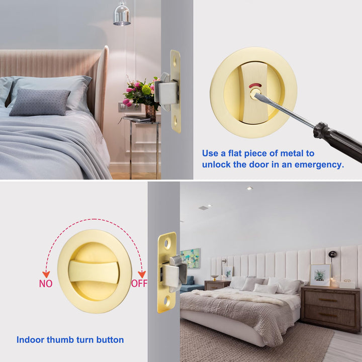 YZMLOL Brass Gold Pocket Door Lock,Brushed Gold Pocket Door Hardware,Round Pocket Door Lock with Color Coded Indicator,Privacy Flush Pocket Door Lock for Home, Bathroom and Bedroom.