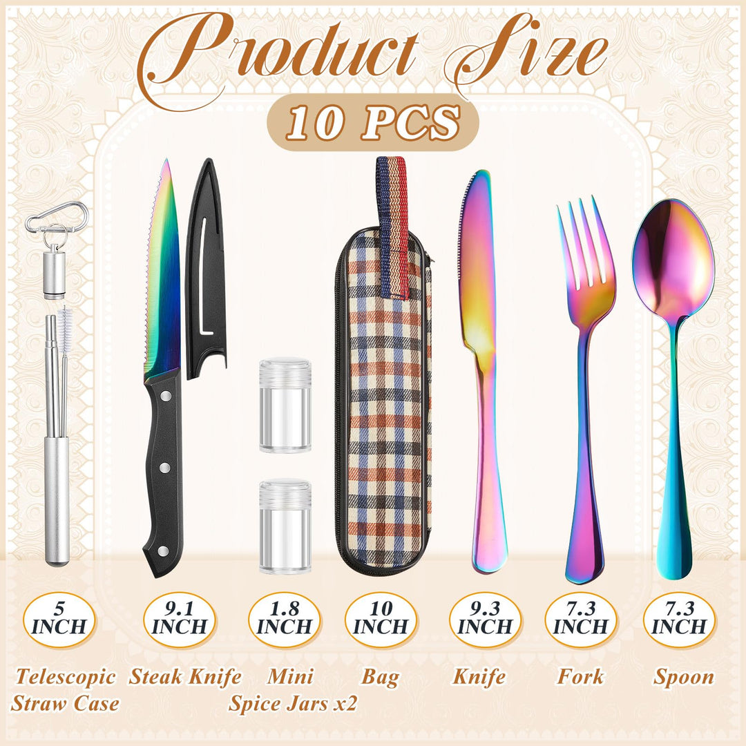 Suclain 10 Sets Portable Travel Utensils with Case Camping Lunch Cutlery set Bulk Reusable Stainless Steel Flatware for Camping, Travel, College School, Backpacking Trip, Picnic, Hiking (Colorful)