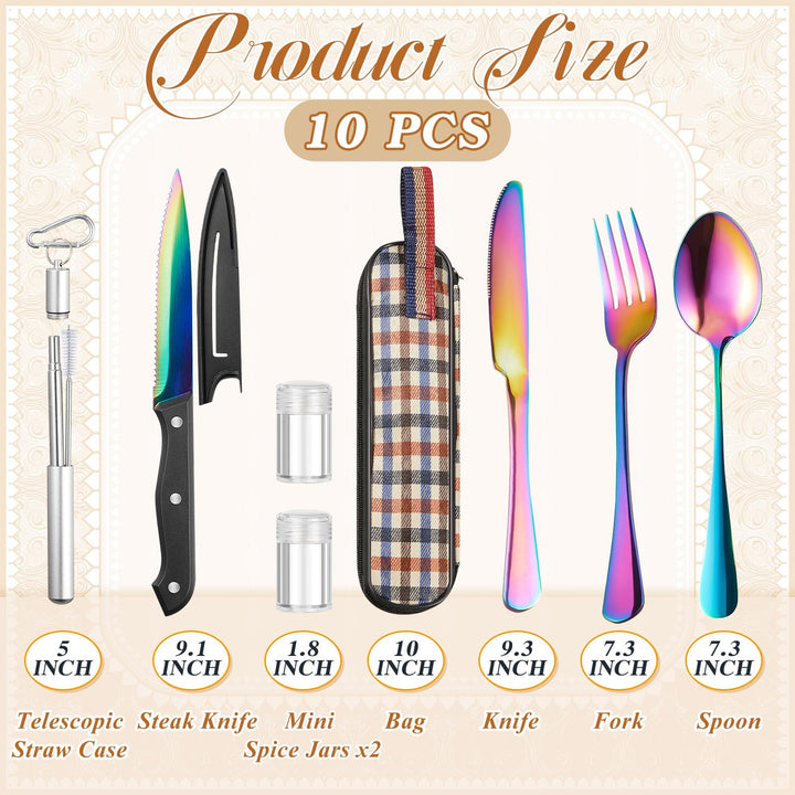 Suclain 10 Sets Portable Travel Utensils with Case Camping Lunch Cutlery set Bulk Reusable Stainless Steel Flatware for Camping, Travel, College School, Backpacking Trip, Picnic, Hiking (Colorful)