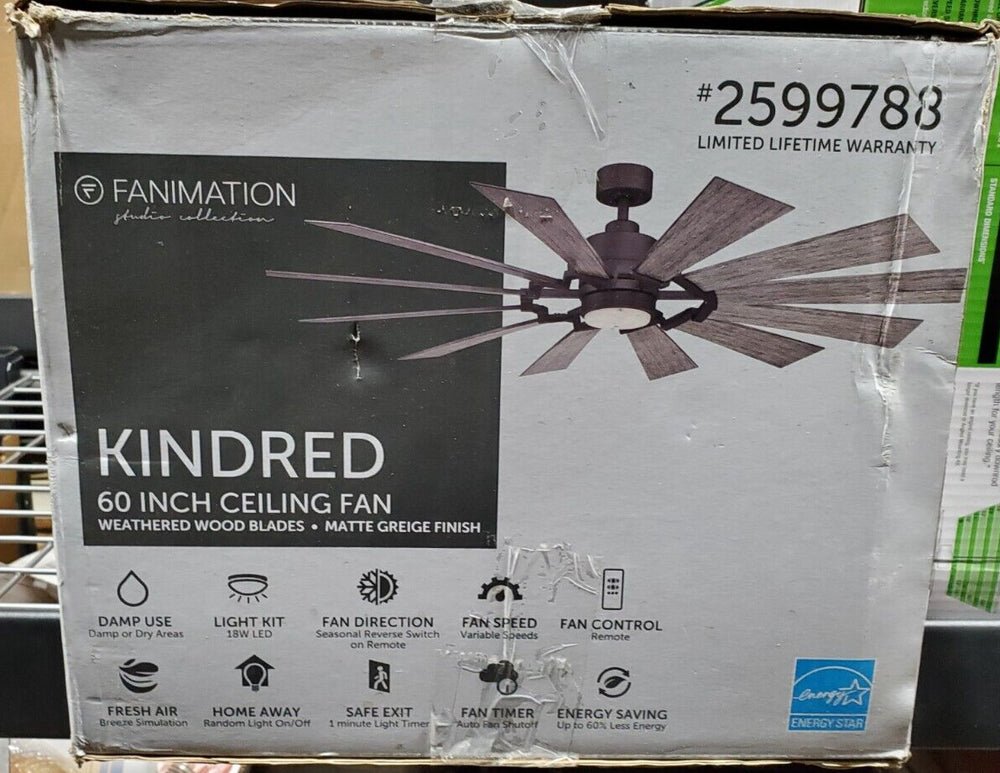 *NEW* Fanimation Kindred 60" 12-Blade Fan with 1600lm LED Light in Matte Greige Retail $229.98