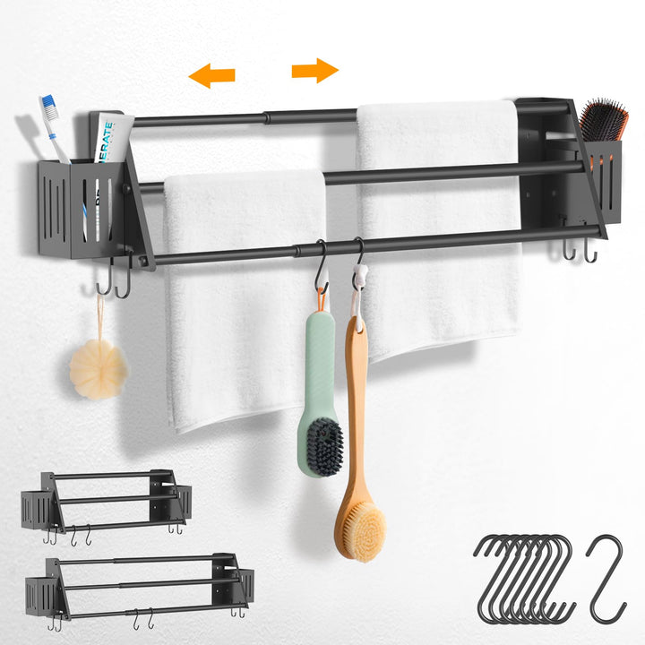 Towel Bars Freely Retractable 17-30 Inches Bathroom Towel Rack with Hooks and Storage Box,Matte Black 3-Tiers Ladder Towel Rails Free Hole Wall Mounted Adjustable,Multiple Towel Rack