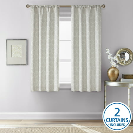 Mainstays Jacquard Blackout Panel Pair  Set of 2 Curtains  Silver Botancial  37  W X 63  L Retail $15.87