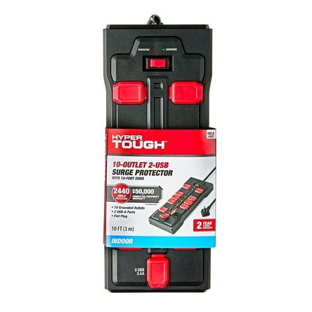 Hyper Tough 10 -Outlet Surge Protector 10 Feet Cord  2 USB-a  2440J   125V 15A  Low Profile Plug