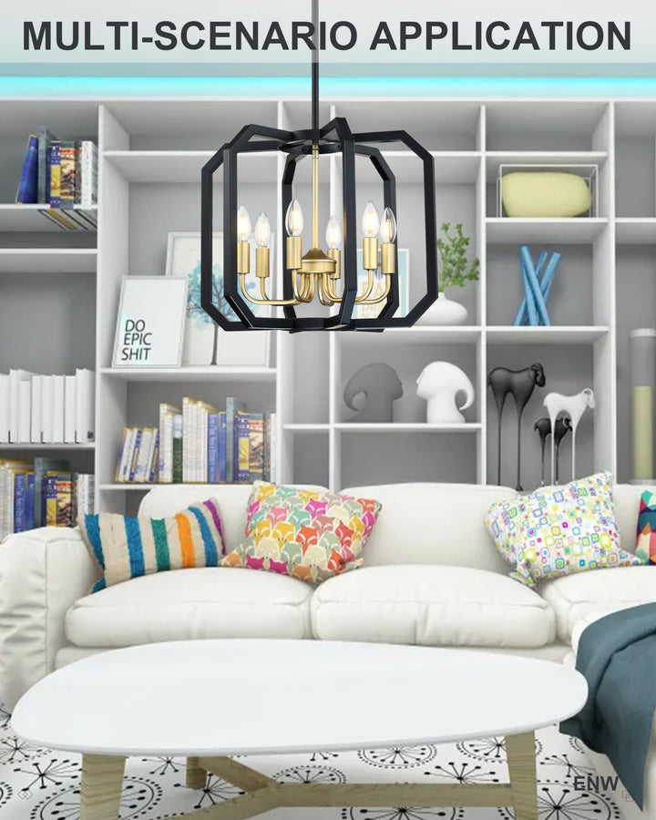 Doraimy Lighting 6 Light Farmhouse Adjustable Rod Black Pendant Light Fixtures Gold Finish,Rustic Hanging Ceiling Chandelier Light for Foyer Dining Room Kitchen Island Hallway