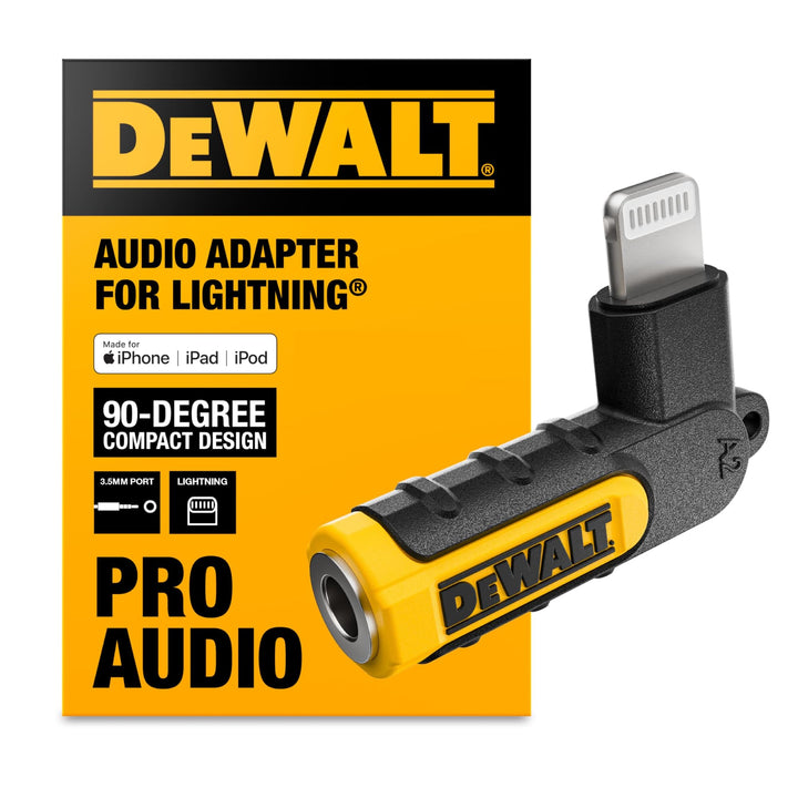 DEWALT Heavy Duty 3.5mm to Lightning Adapter, 90Degree L Connector Female to 3.5mm Male Headphone Jack Adapter for iPhone, Compatible Lightning to 3.5 mm Headphone Jack Adapters, Adapts Legacy Devices Retail $13.00