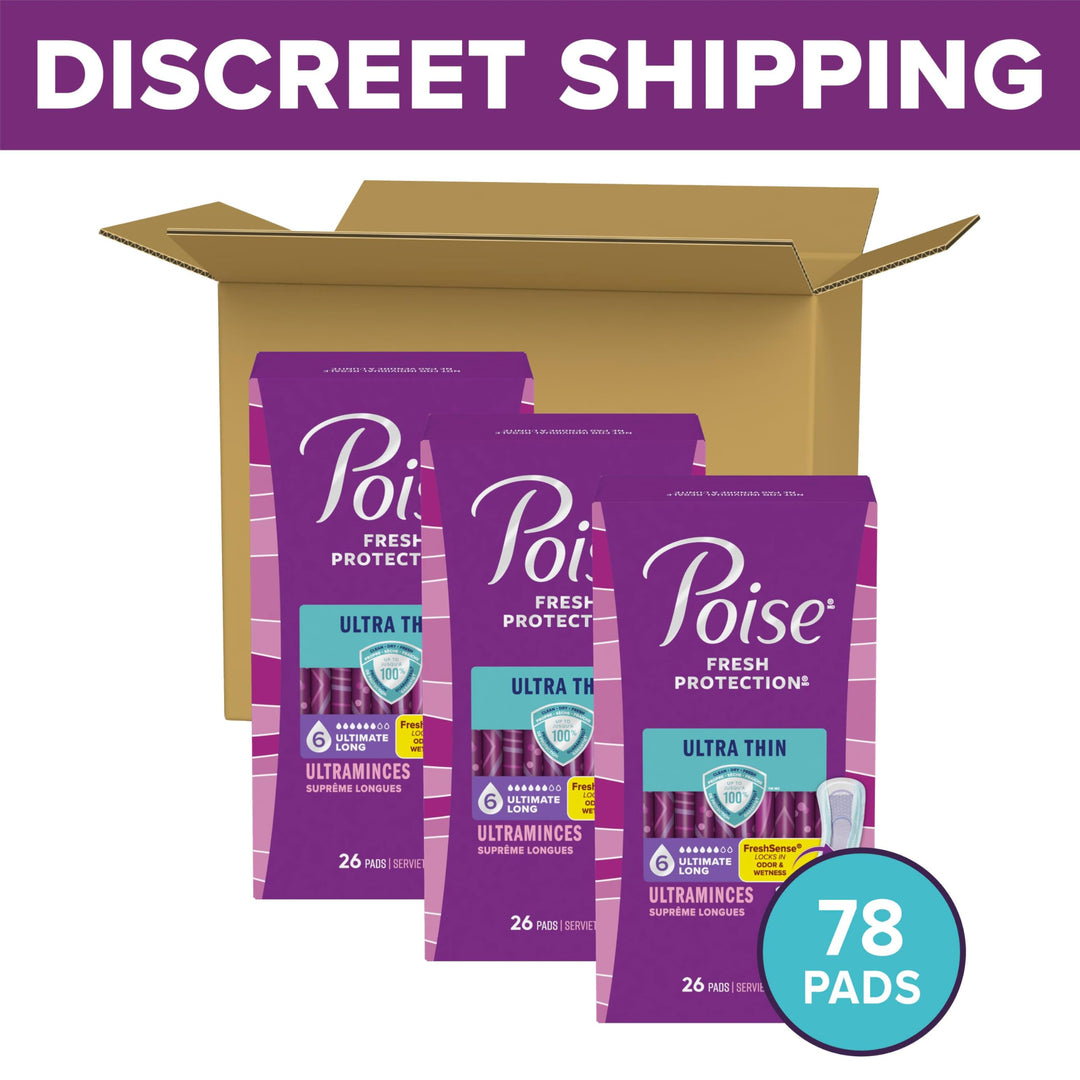 Poise Ultra Thin Incontinence Pads & Postpartum Pads for Bladder Leaks, 6 Drop Ultimate Absorbency, Long Length, 78 Count, Packaging May Vary Retail $46.00