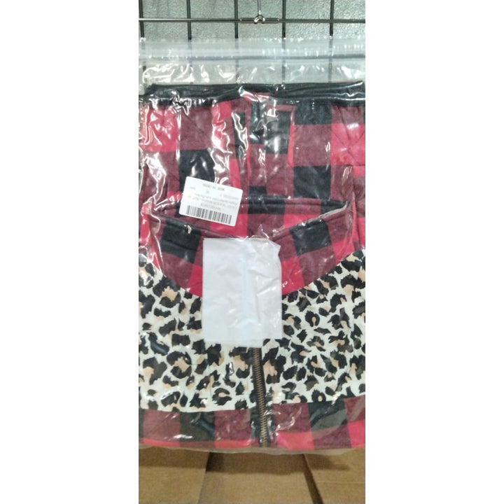 FAIRY SEASON Christmas Buffalo Plaid Vest For Women Leopard Sleeveless Cardigan Women Coat Zipper Jacket Gilet with Pockets Retail $49.00