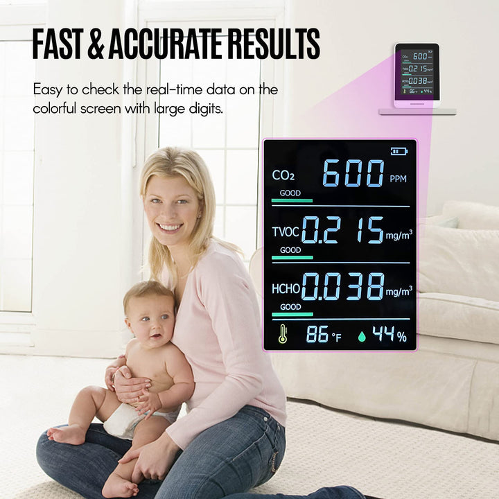 Lepmerk 5 in 1 Air Quality Monitor Measures CO2/TVOC/HCHO/Temperature and Humidity, Infrared Indoor Air Quality Tester with Alarm and Lanyard for Home, Office, Car Use
