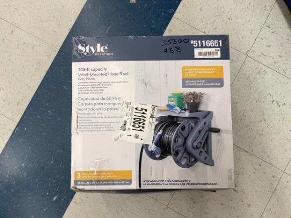 Style Selections, Wall-Mounted Hose Reel, 200-ft Capacity, Gray Finish Retail $80.00