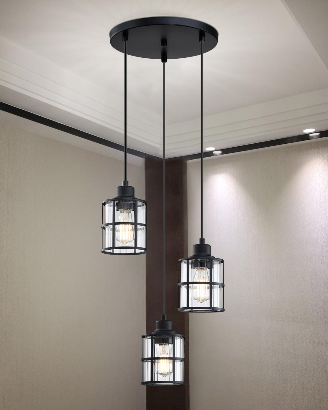 3 Light Metal Cage Clear Glass Ceiling Light Black Finish,Modern Flush Mount Ceiling Lighting Fixture for Dining Room Bar CafÃ© Kitchen Island