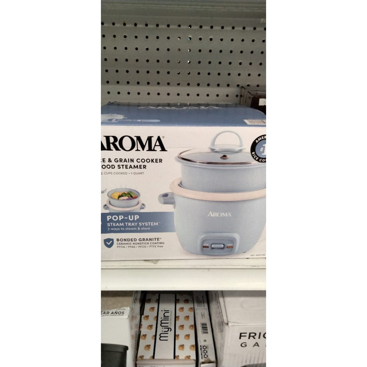 AROMA® 4-Cup Rice Cooker & Food Steamer with Bonded Granite® Nonstick Ceramic & Pop-Up Steam Tray - Blue