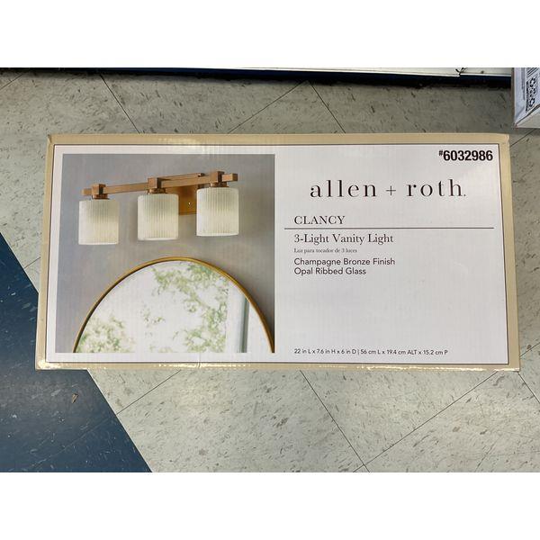 Allen + Roth Clancy 3-Light Vanity Light - Champagne Bronze Finish, Opal Ribbed Glass Retail $90.00