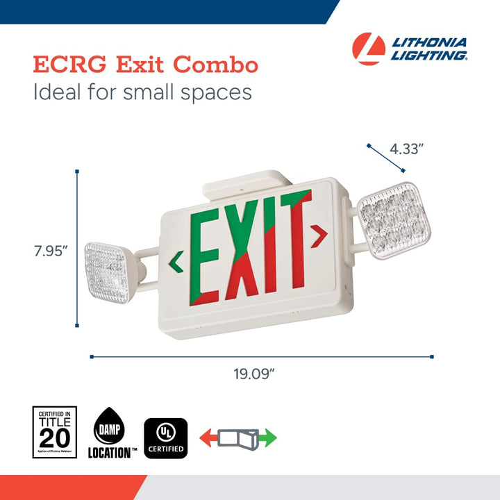Lithonia Lighting Basics LED Exit Sign/Emergency Light Combo, Red/Green Switchable Exit Sign and Emergency Lights for Business, 2-Head Fixture, Square Lamp Heads, White (ECRG SQ M6)