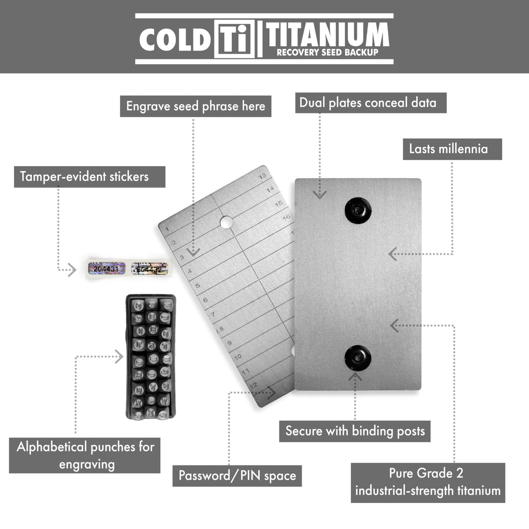 ColdTi - Titanium Bitcoin Seed Plates for Ultra-Secure Crypto Seed Phrase Storage (2 Plates, Punch Set & Seals) - Premium Seed Phrase Metal - Alphabetic Punch Set Included