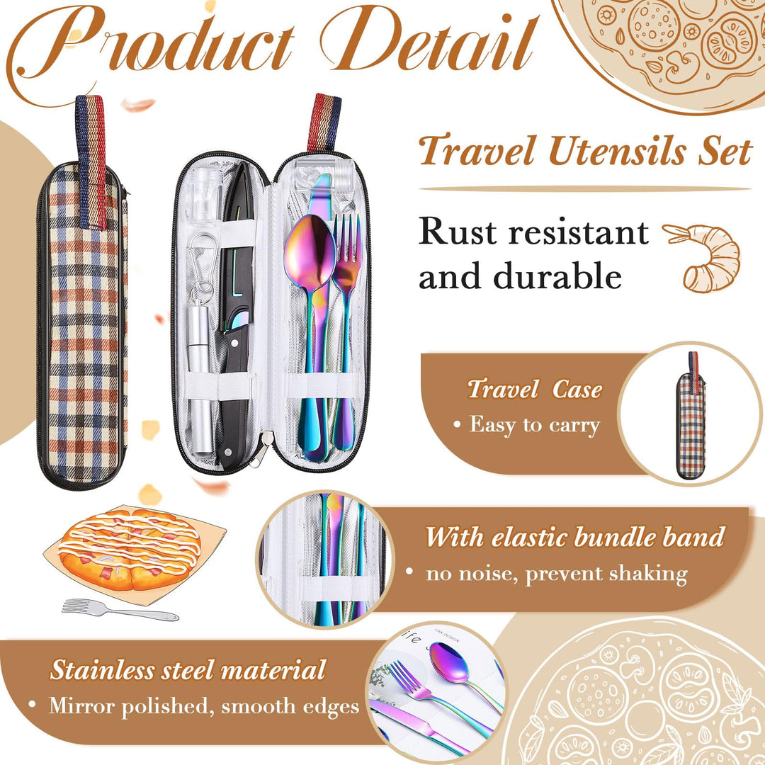 Suclain 10 Sets Portable Travel Utensils with Case Camping Lunch Cutlery set Bulk Reusable Stainless Steel Flatware for Camping, Travel, College School, Backpacking Trip, Picnic, Hiking (Colorful)