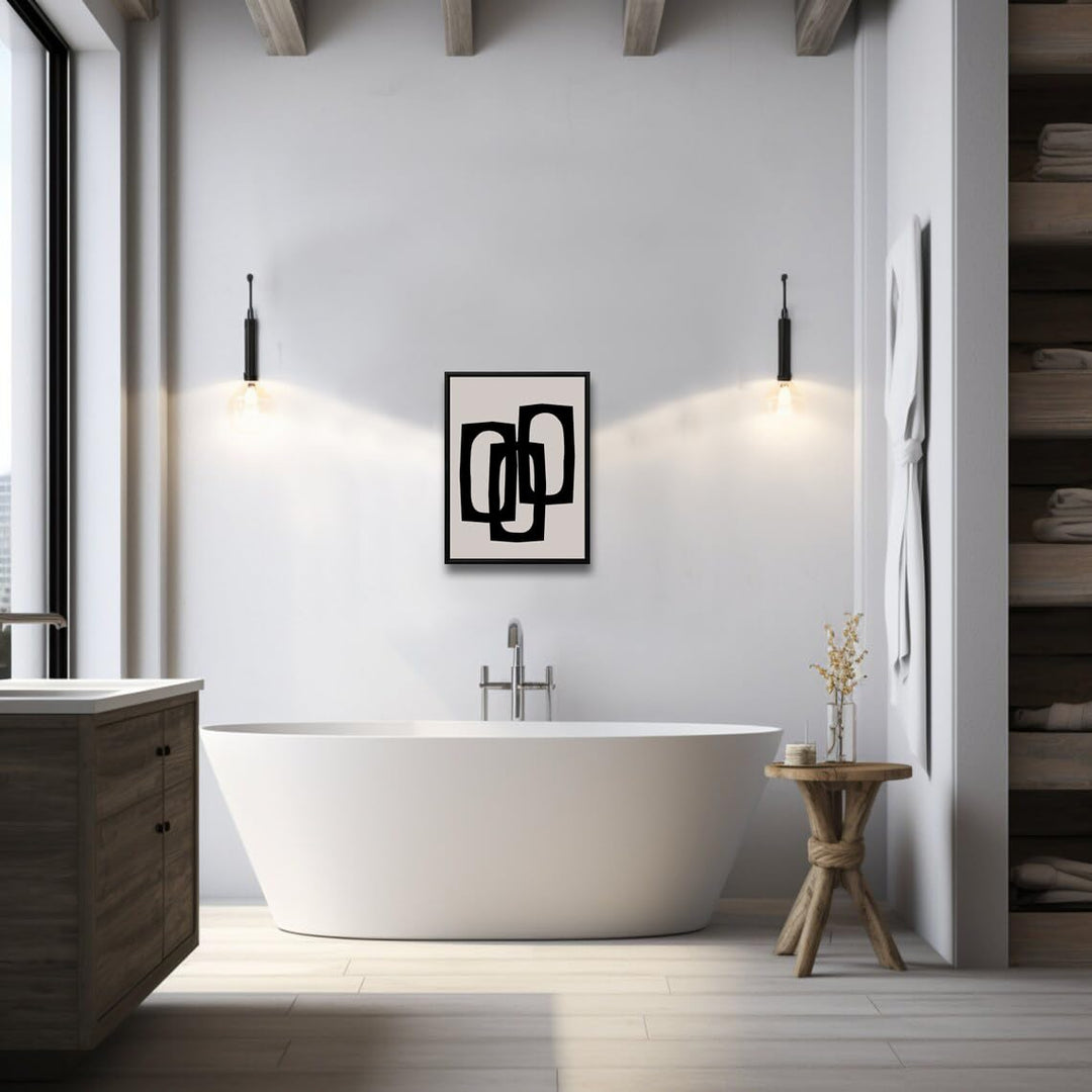 Black Beige Abstract Rings Wall Art Bathroom Wall Decor Painting Modern Abstract Canvas Picture Artwork Restroom Decoration Framed Print for Living Room Bedroom Office