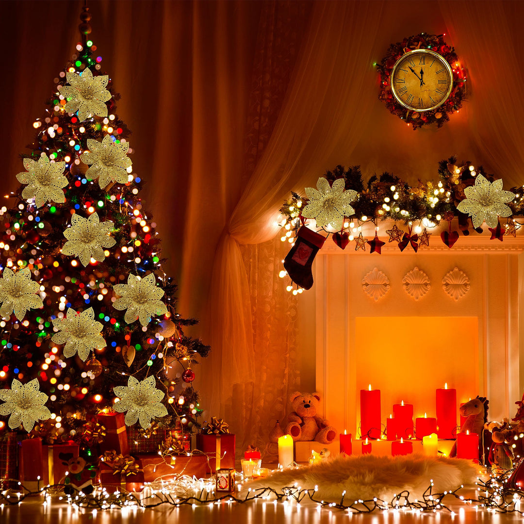 16 PCS 5.5'' Gold Poinsettia Christmas Decorations,Glitter Poinsettias Artificial Christmas Flowers with Clips,Christmas Ornaments Christmas Tree Decorations DIY Xmas Wreath Holiday Home Party Decor