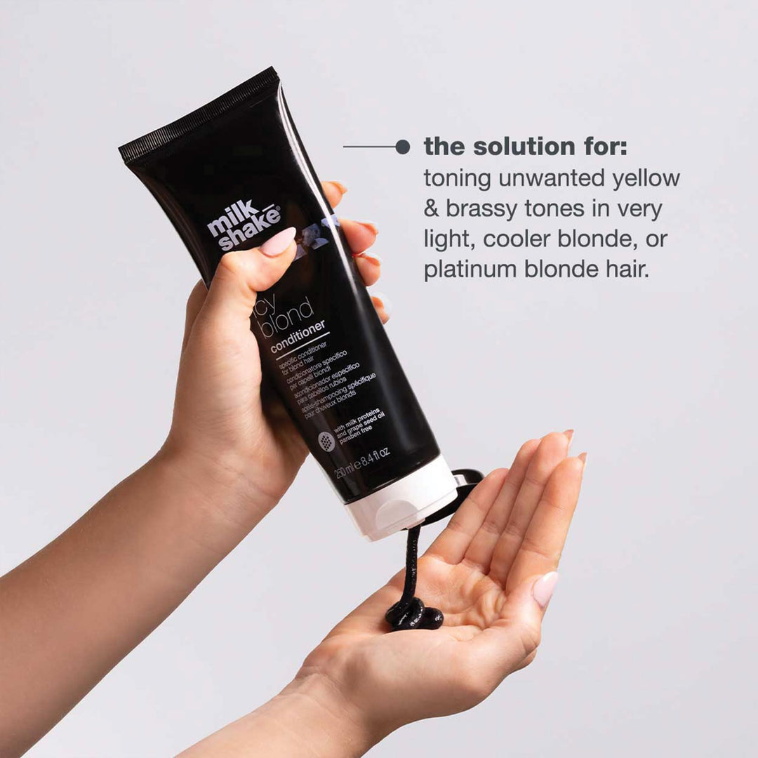 milk_shake icy blond conditioner | award winning toning conditioner with black pigment to neutralize yellow and brass in platinum blonde hair | hydrates and brightens cool tones 8.4 fl oz
