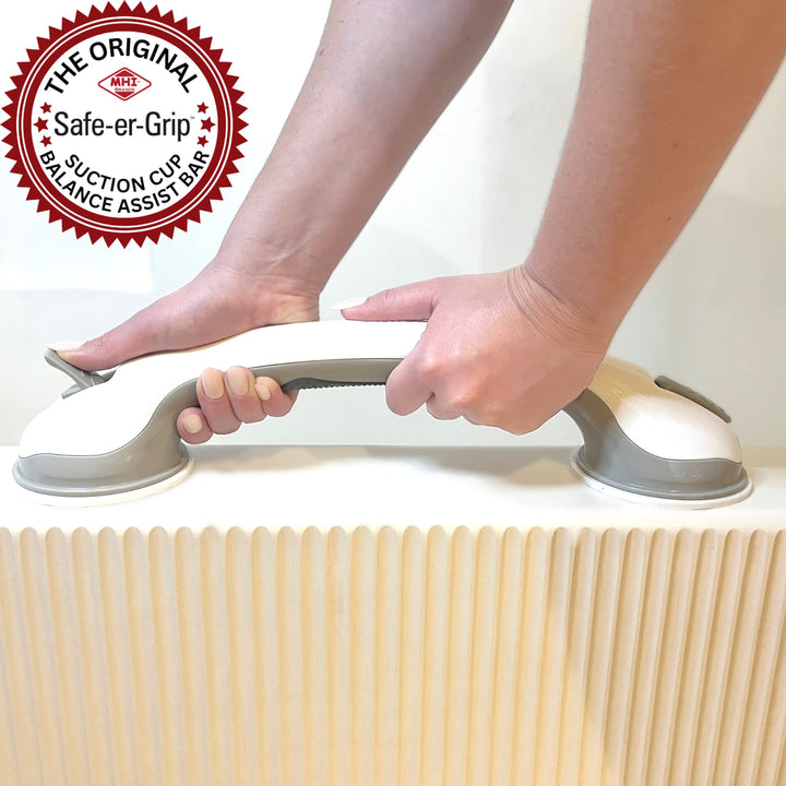 Safe-er-Grip Changing Lifestyles Suction Cup Grab Bars For Bathtubs & Showers; Safety Bathroom Assist Handle, White & Grey, 16 Inches