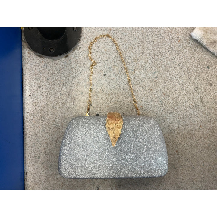 Evening Bag - Silver Glitter Clutch, Gold Leaf Clasp, Chain Strap