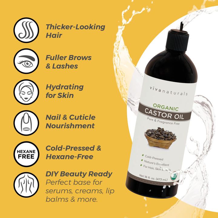 Viva Naturals Organic Castor Oil, Cold-Pressed, 16 fl oz Ã¢â‚¬â€œ For Face, Hair, Eyelashes, USDA Organic, Non-GMO - With Beauty Kit