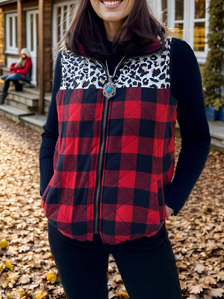 FAIRY SEASON Christmas Buffalo Plaid Vest For Women Leopard Sleeveless Cardigan Women Coat Zipper Jacket Gilet with Pockets Retail $49.00