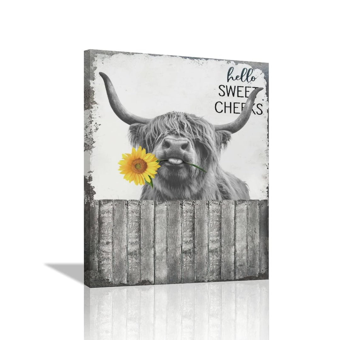 Hello Sweet Cow Bathroom Decor Wall Art Highland Cow Poster Funny Cow Pictures Rustic Farmhouse Cow Canvas Print Black and White Painting Animal Wall DÃƒÂ©cor Framed Artwork 12"x16"
