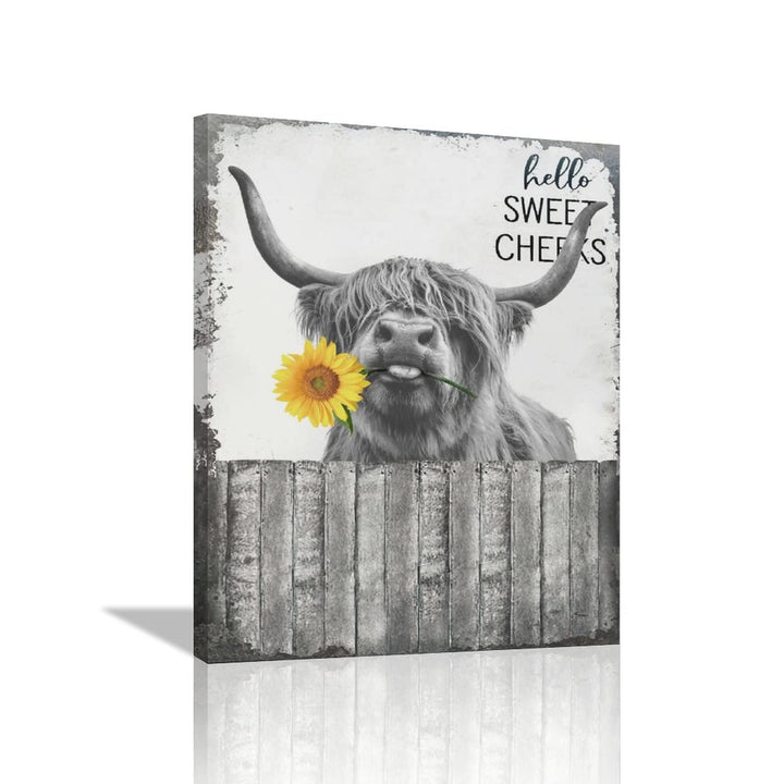 Hello Sweet Cow Bathroom Decor Wall Art Highland Cow Poster Funny Cow Pictures Rustic Farmhouse Cow Canvas Print Black and White Painting Animal Wall DÃƒÂ©cor Framed Artwork 12"x16"