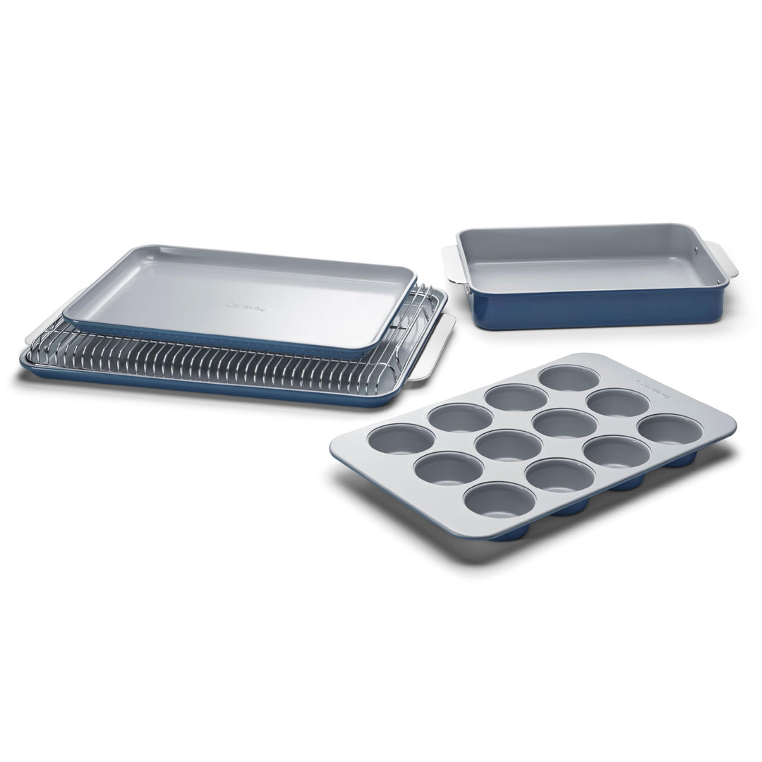 Caraway Nonstick Ceramic Bakeware Set (5 Pieces) - Baking Sheets, Assorted Baking Pans, & Storage - Aluminized Steel Body - Non Toxic, PTFE & PFOA Free - Navy Retail $232.00