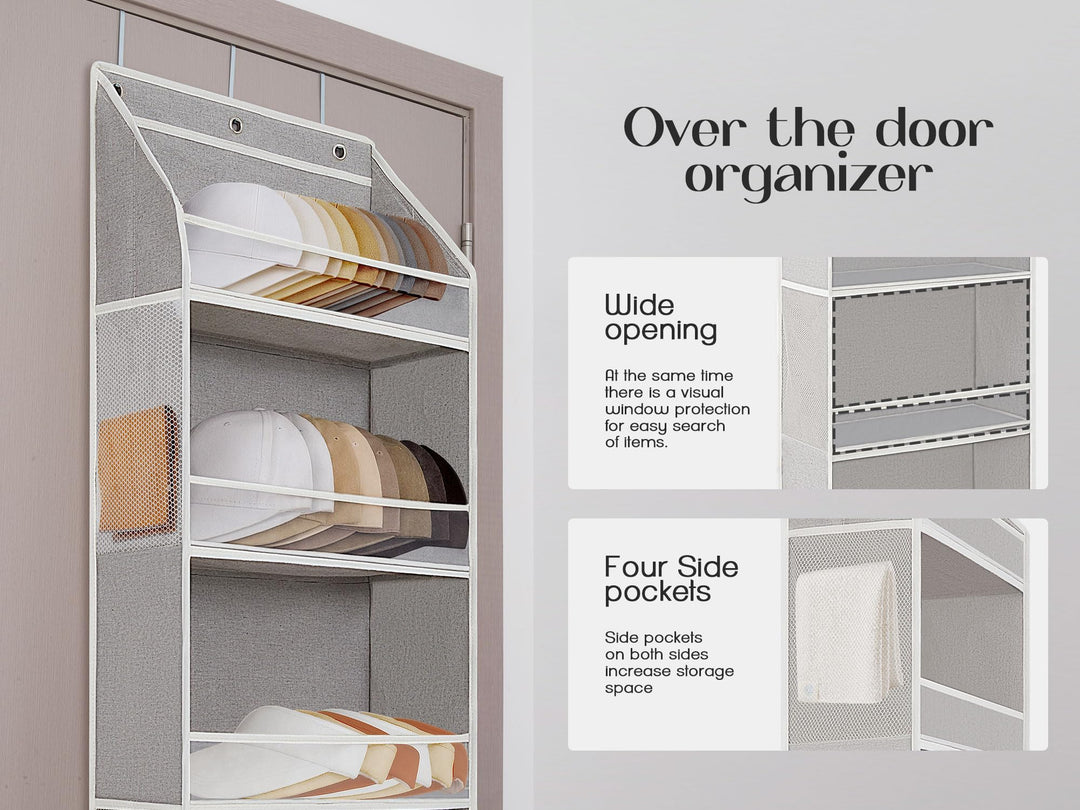 LoforHoney Home Hat Rack for Door, 5-Shelves Hat Organizer for Baseball Caps, Over Door Hat Storage with Clear Window, Cap Holder Organizer, Light Gray, 15.8'x3.1'x49.6'