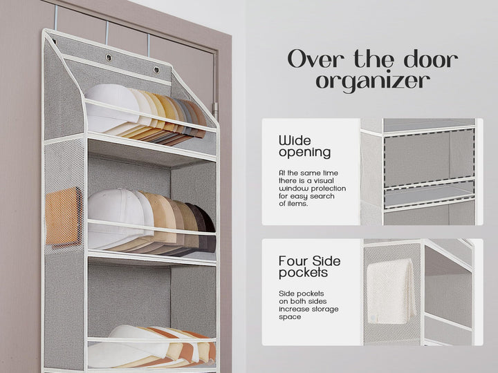 LoforHoney Home Hat Rack for Door, 5-Shelves Hat Organizer for Baseball Caps, Over Door Hat Storage with Clear Window, Cap Holder Organizer, Light Gray, 15.8'x3.1'x49.6'