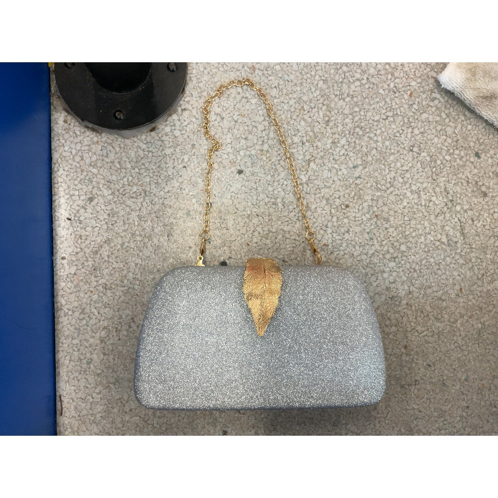 Evening Clutch, Silver Glitter, Gold Leaf Clasp, Chain Strap