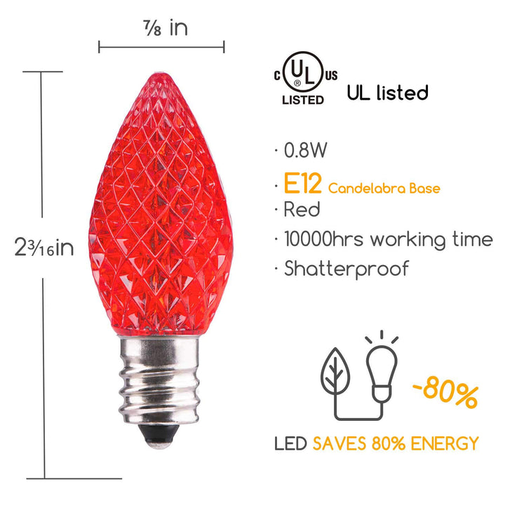 25 Pack C7 Led Replacement Christmas Light Bulb, Shatterproof C7 Led Bulbs for Christmas String Lights, E12 Candelabra Base, Commercial Grade Dimmable Holiday Bulbs, Red