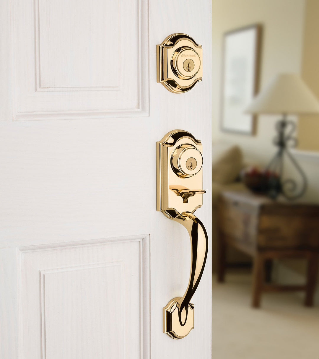 Kwikset Montara Front Door Lock Handle and Deadbolt Set, Entry Handleset Exterior with Interior Door Knob, Polished Brass, Pick Resistant SmartKey Rekey Deadbolt Security