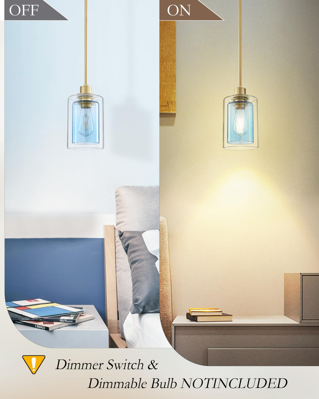 Dolaimi House 1 Light Indoor Mini Hanging Kitchen Island Pendant Light with Gold Finish,Clear Frosted Glass Chandelier Shade for Bar,Dining Room Over Sink (Blue Glass, 3 Pack)