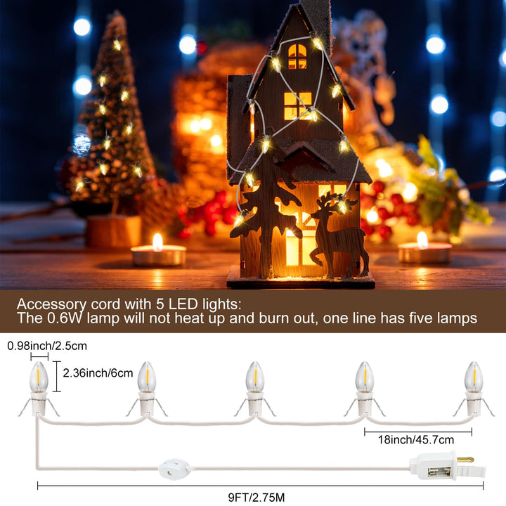 VIHOSE 8 Pcs Christmas Village Light Accessory Cord with 5 LED Night Light Bulbs C7 Light Bulbs 9 ft Light Bulb Socket for Holiday Decoration and Craft Village House Decoration