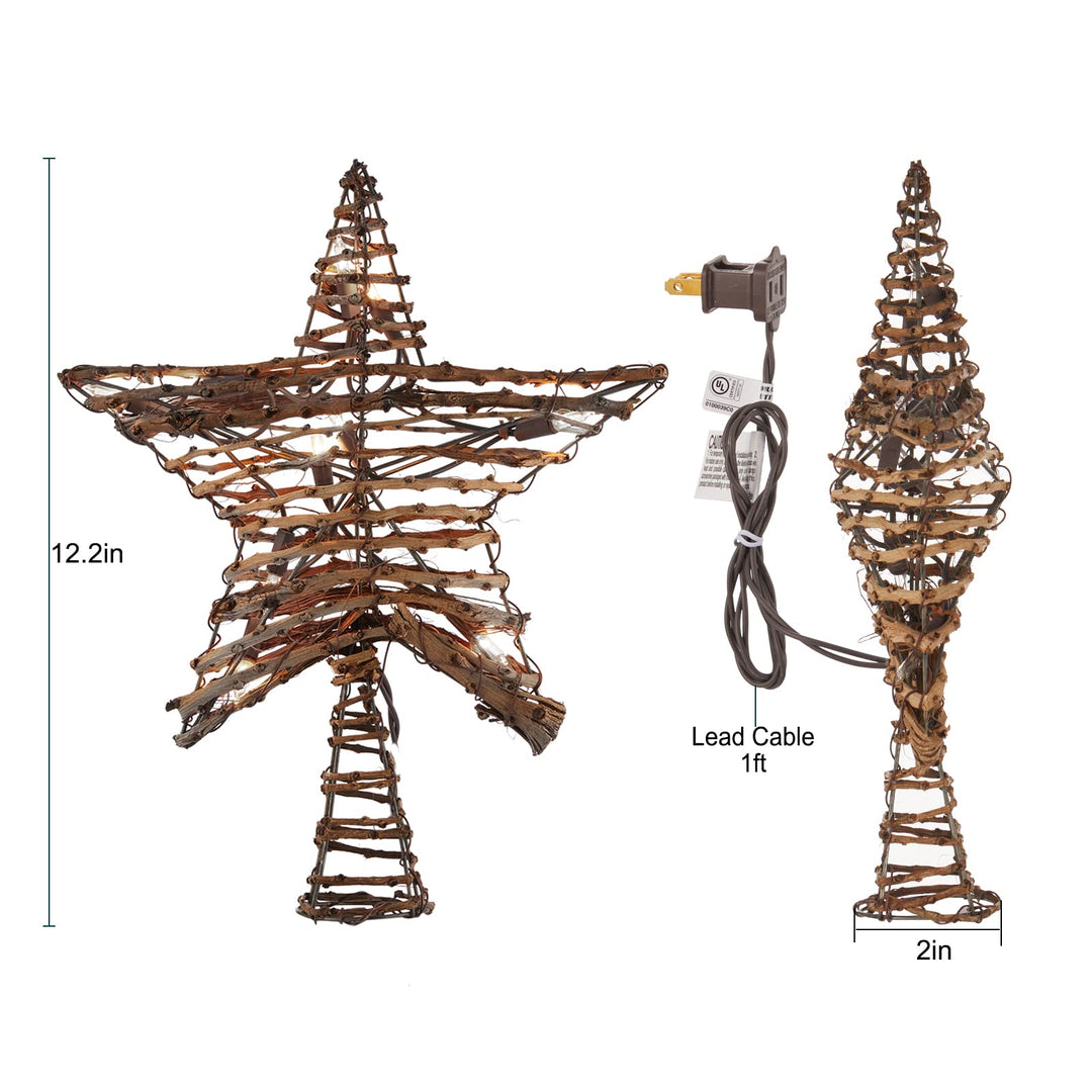 Christmas Star Tree Topper, Plug in 12" 3D Tree Star Topper, Rustic Rattan Natural Built-in 10-Bulb String Lights for Vintage Classic Christmas Decorations New Year Holiday Home Office Indoor