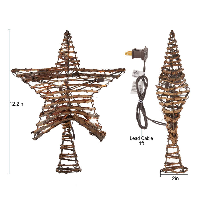 Christmas Star Tree Topper, Plug in 12" 3D Tree Star Topper, Rustic Rattan Natural Built-in 10-Bulb String Lights for Vintage Classic Christmas Decorations New Year Holiday Home Office Indoor