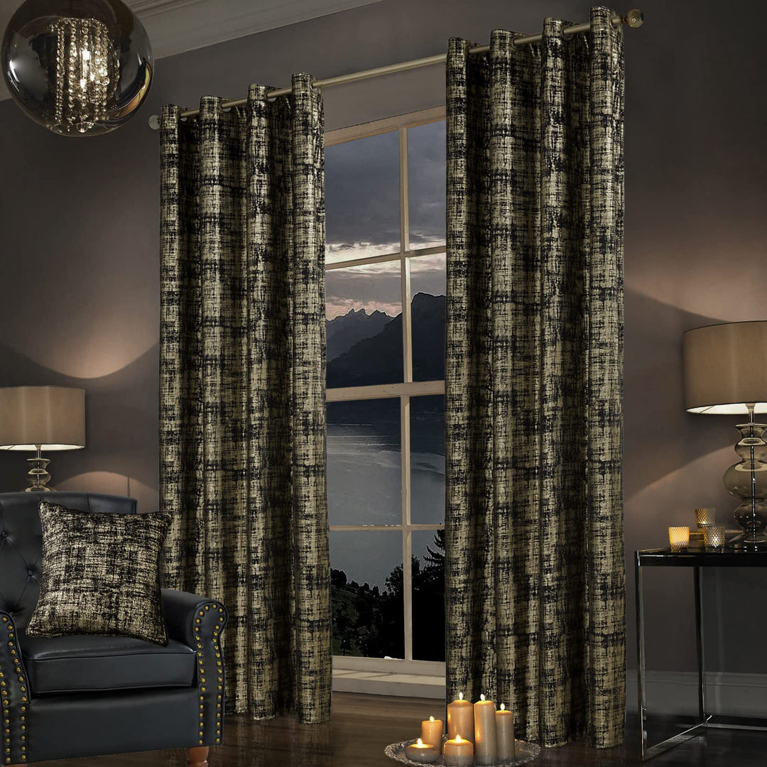 SHINELAND Black Curtains for Living Room 108 Inches Long,Blackout Gold Pattern Velvet Contemporary Elegant Glow in The Dark 9ft Ceiling to Floor Length Curtains