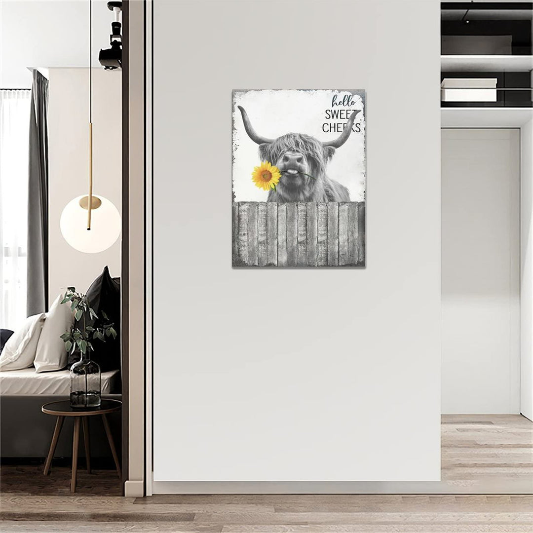 Hello Sweet Cow Bathroom Decor Wall Art Highland Cow Poster Funny Cow Pictures Rustic Farmhouse Cow Canvas Print Black and White Painting Animal Wall DÃƒÂ©cor Framed Artwork 12"x16"