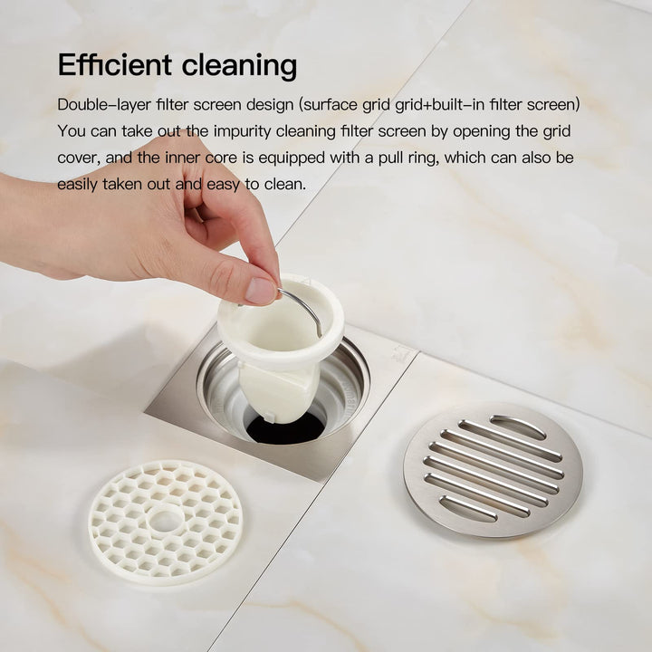 SUBMARINE Square Shower Drain 4 Inch, Built-in Shower Drain Cover, Hair Filter Screen and Floor Drain Backflow Preventer, Quick Drainage, Prevent Odor, Suitable for Bathroom and Kitchen